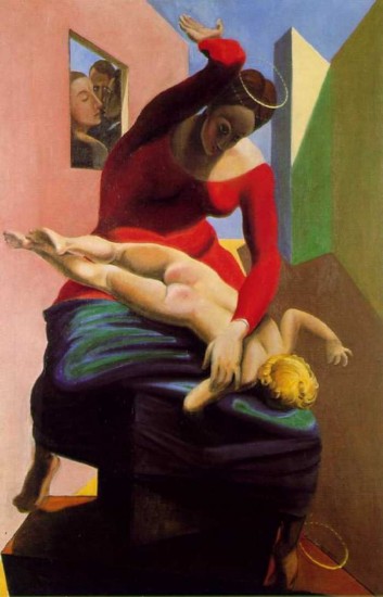 Ernst Max la Vergine sculaccia Cristo bambino davanti tre testimoni: Andr Breton, Paul Eluard ed il pittore 