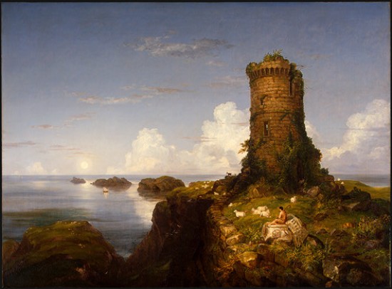 Cole Thomas Italian Coast Scene with Ruined Tower, 