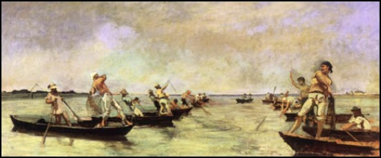 Eugenio Cecconi La pesca al rezzaglio a Bocca d'Arno (1890)