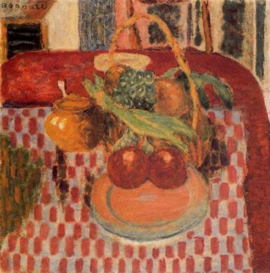 Bonnard Pierre Corbeille et assiette de fruits sur la nappe  carreaux rouges