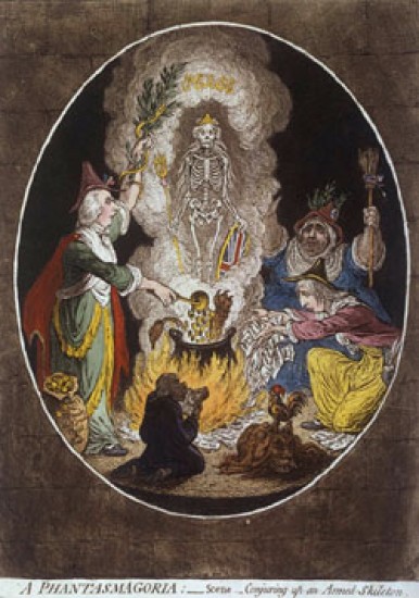 Gillray James A Phantasmagoria  Scene  Conjuring-up an Armed Skeleton 