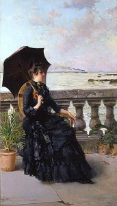 Vittorio Corcos, Sulla terrazza Mascagni (Signora in abito nero), cm 94 x 53,5
